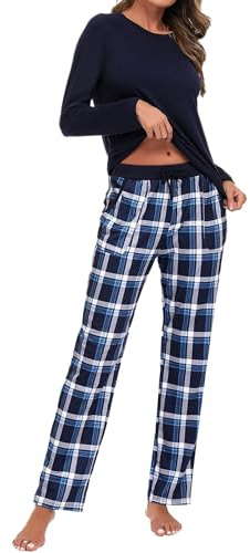 Uniexcosm Pyjama Femme Coton Long Hiver Carreaux Col Ronde Manches Longues avec Poches Latérales Bleu Marine M