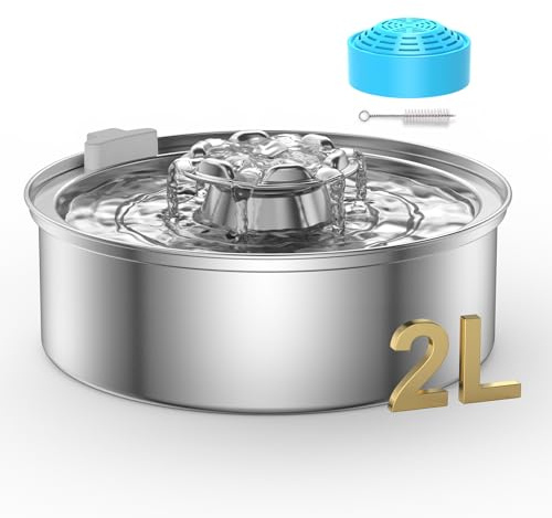 Cat Water Fountain,Stainless Steel 2.0L/67oz Automatic Circulating Pet Water Fountain,Ultra-Quiet Pump with LED Light,Dishwasher Safe,Cat Fountain Suitable for Cat and Puppy (2L Cat Fountain)