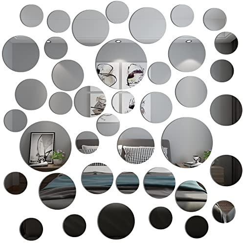 TAIANJI 40PCS Various Round Mirror Sheets for Walls, Flexible Mirror Sheets Acrylic Mirrors Sheet Circle Acrylic Removable Decal Stickers Suitable for Decorative Scenes