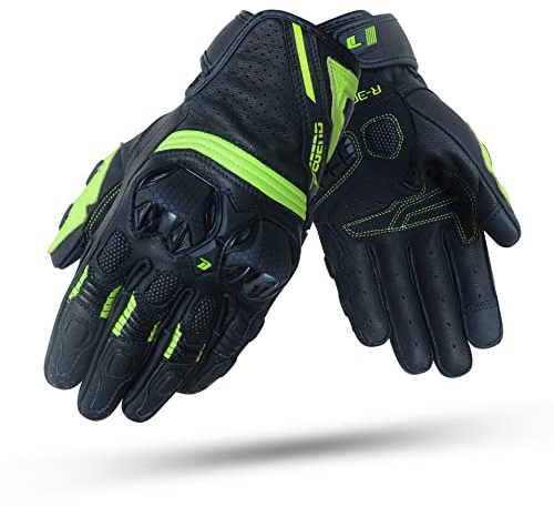 DEGEND R-3000 | Sommar motorcykelhandskar män – nötningsbeständiga läder motorcykel handskar herr med skydd TPU – fluorescerande svart, XL