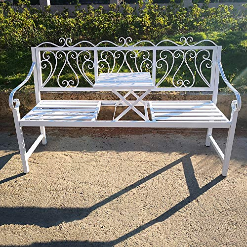 ZMYJTO 152,4 cm große Parkterrassenbank aus Gusseisen, Gartenbänke für den Außenbereich, Freizeitbank mit Mitteltisch, wetterfeste Retro-Dekorationsbank aus Metall, 2-Sitzer-Bank für Hof, Veranda,