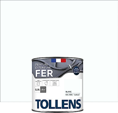 Tollens - Peinture extérieure fer 2 en 1 - Ultra Résistante - Protection antirouille - Laque Riche en Résine - Sans Sous-Couche - Entretien Facile - Brillant - Blanc - 0,5L = 8m2