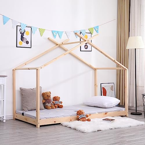 Kingwudo® White and Natural Pine Wood Bed Frame Scandinavian House Style for Girls or Boys Standard Single Bed Frame for Bedroom Furniture, Mattress (WITHOUT) 90x190 cm (Natural)