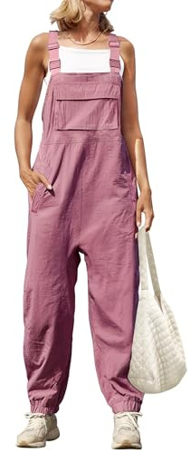ZESICA Women's Sleeveless Overalls Jumpsuit Casual Loose Adjustable Straps Bib Long Pant Jumpsuits with Pockets,Pink,Large