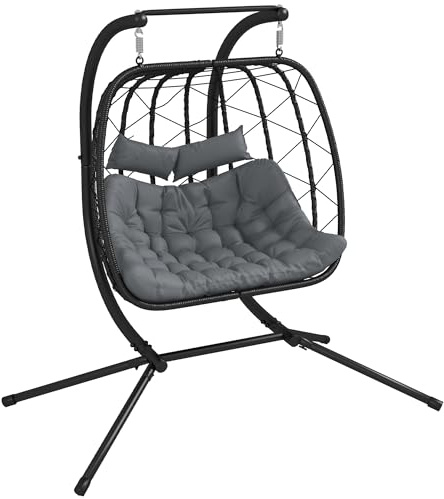 Outsunny Outdoor PE Rattan 2 Seaters Swing Chair with Thick Padded Cushion, Patio Hanging Egg Chair with Metal Stand, Headrest, for Indoor and Outdoor, Black