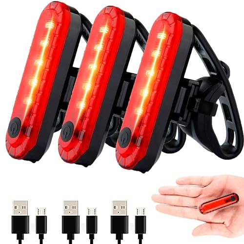 Luz Trasera Bicicleta (3 Unidades) | Luz Bicicleta Delantera y Trasera LED Potente USB Recargable | 4 Modos, Impermeable IPX4 | Luz Roja Seguridad Día y Noche para MTB, Carretera y Running