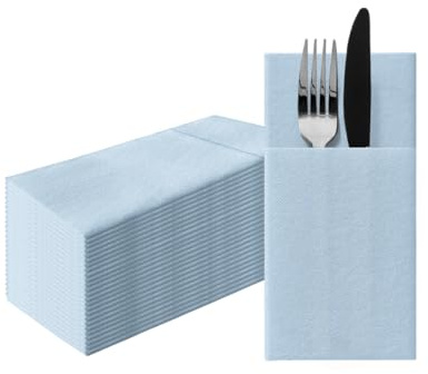PAW Linen Feel Pocket Napkins 1/8 Fold, 25 Pack - Light Blue | Cloth-like Airlaid paper with a built-in cutlery pocket, Sets the table in seconds, Sturdy, Ideal for weddings and events