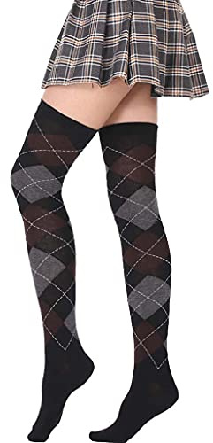 Maxtonser Chaussettes hautes pour femmes Étudiant Vintage Coloré Argyle Plaid au-dessus du genou Bas pour femmes