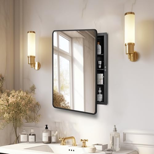 Habison 16x24 inch Medicine Cabinet with Mirror, Black Recessed or Surface Wall Mount Bathroom Cabinets with Adjustable Shelves and Metal Framed