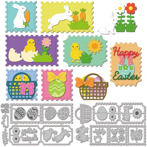 GLOBLELAND Elementi pasquali Stampi Fustelle in Metallo Coniglio e Uovo Die Cuts Fiori ed Erba Taglio Modelli di Goffratura per Scrapbooking Artigianato Carta Carta Carta