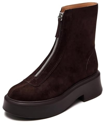 ZJGZF Women's Platform Ankle Boots Suede Leather Brown Boot Chelsea Booties Block Heel Round Toe Short Combat Boots Comfortable Zipper Winter Snow Boot Casual Dessy