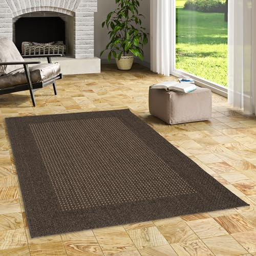 In & Outdoor Teppich Panama - Flachgewebe, Sisaloptik, Wetterfest & Pflegeleicht, für Terrasse, Balkon, Wohnzimmer - Dunkelbraun mit Bordüre