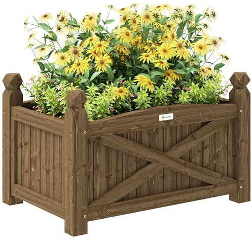 Outsunny Jardinera de Madera Elevada Huerto Urbano Madera para Cultivar Plantas Flores Hierba Jardinera Rectangular para Jardín Balcón Terraza 60x39x37 cm Café Oscuro