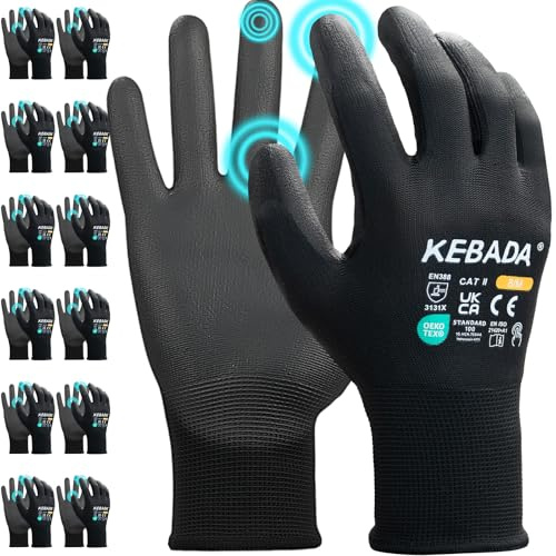 Kebada gants de travail homme/femme tactiles, revêtement PU, W1, 12 paires | Noir, Taille 9/L, maille respirante, prise antidérapante pour jardinage, mécanique, entrepôt, conduite & chantier