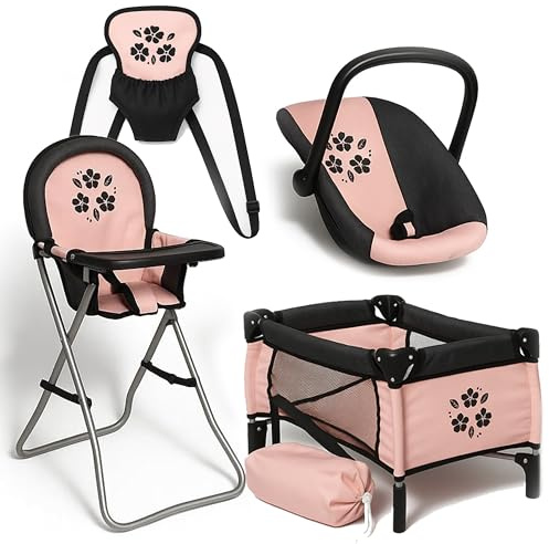 Baby Doll Nursery Playset Bed Carrier High Chair and Seat, Baby Doll Accessories Furniture Set Playpen Storage Bag Role Play Deluxe Doll Pink Set
