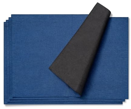 AOKSUNOVA Set de 4 manteles Individuales de Tela, Juego de manteles de Lino, manteles de algodón, 48 x 33 cm, Azul Oscuro + Negro
