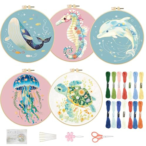 FREEBLOSS Juego de 5 juegos de bordado de 11,6 pulgadas para principiantes, puntas, juego de iniciación con patrones estampados con animales marinos, instrucciones (idioma español no garantizado