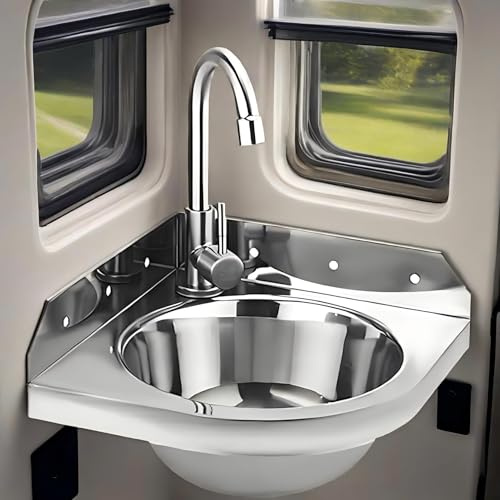 Lavabo in Parete Con Rubinetto Acqua Calda,lavandini da bagno,lavabo ad angolo in Acciaio Inox Con Accessori Di Scarico, mini lavandini per Camping-Car,Barca,Bagno,Wc