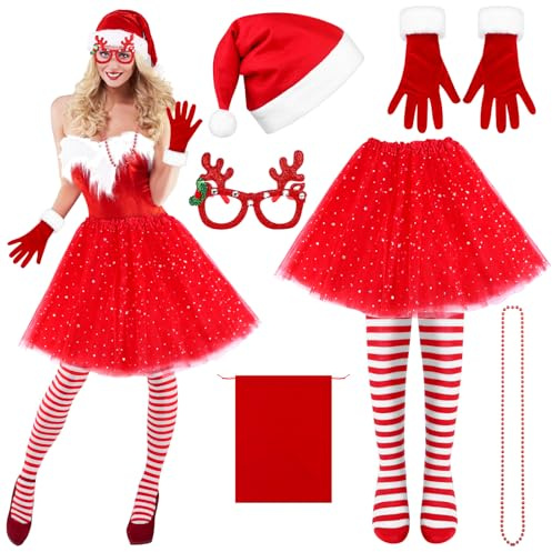 ULELE Christmas Costume Set with Santa Hat Tutu Skirt Striped Socks Glitter Frame Christmas Glasses Red Beaded Necklace Long Gloves Xmas Adult Fancy Dress Dress Up Costumes for Women
