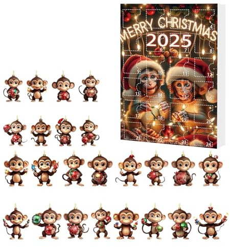 Akryl Affanklapp Adventskalender - 24 Delar 2D Söta Apa Julgransprydnad | Dekoration till Bil Rum Klassrum Lägenhet Födelsedag Skola