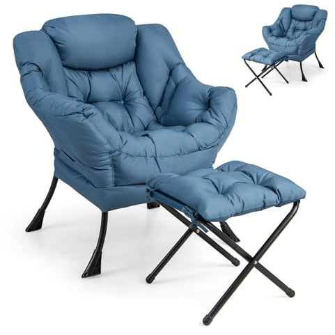 Multigot Accent Lazy Chair, Modern Leisure Sofa Chair with Folding Footrest & Side Storage Pocket, Single Upholstered Chair for Living Room Bedroom Office (Navy)