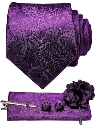 JEMYGINS Paisley Bordado Diseño Corbata Set Hombre Pañuelo de Bolsillo Clip de Corbata, Gemelos Flor para Boda Fiesta Negocios Multicolor