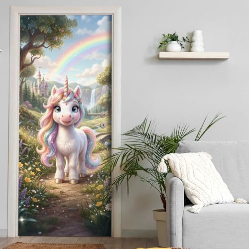 Türtapete selbstklebend | fürs Kinderzimmer | 200 x 90 cm Einhorn Regenbogen | Tür Aufkleber Poster Türfolie | Einteilig | Wasserfest 3D Türaufkleber Wandtattoo Türposter Kinder Motiv