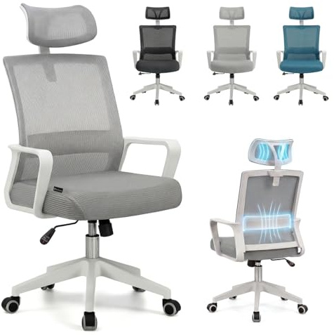 duehome | Silla de Oficina Ergonómica, Silla de Escritorio, Modelo Dafne, Acabado en Gris y Blanco, Medidas: 55 cm (Ancho) x 51 cm (Largo) x 111-121 cm (Alto)