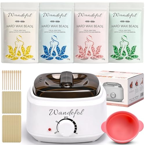 Wandefol Kit Cera Brasiliana Ceretta Brasiliana - Scaldacera con 4x100g Perle di Cera Brasiliana, Ciotola in Silicone, Spatole - Cera Brasiliana per Viso, Corpo & Zona Bikini