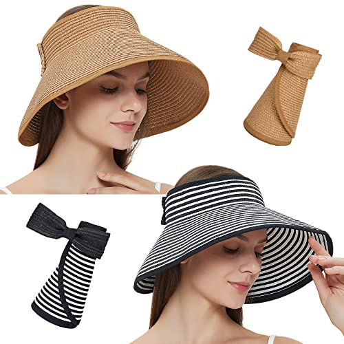 MAYLISACC 2 Paquetes Pamela Visera de Paja para Mujer, Sombrero de ala Ancha Roll Up Sombrillas Sombreros de Playa Verano Plegables para Vacaciones (Rayas Begras + Caqui)