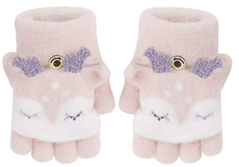 PURFUN Toddler Babies Cartoon Elk Short Gloves Girls Winter Warm Knitted Half Finger Gloves with Flip Top, Kids Cozy Thicken Christmas Elk Full-Fingered Gloves Hands Warmer Mittens for 1-3 Yrs