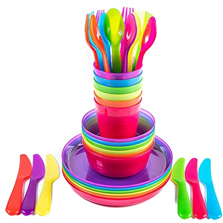 Cuddly Hippo Kids Plastic Dinnerware Set of 36 Multi Color Pieces (Plates, Bowls, Cups and Flatware) - Reusable, BPA-Free, Dishwasher Safe and Microwaveable