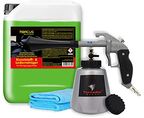 ABACUS Tornador® Black Z-020RS mit bewährtem Kunststoffreiniger & Lederreiniger 5L + Mikrofasertücher, Kunststoffreinigungsset, Lederreinigungsset, Reinigungspistolen Set (7425.2)