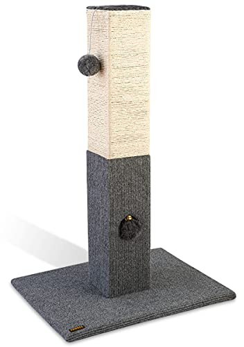 Pawbee 32 Cat Scratching Post with Jingle Bell and Softball, Sisal Rope Tower for Indoor Adults Large Cats, Gray & Beige