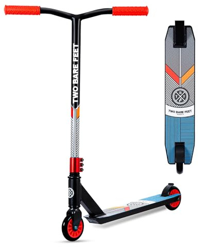 Two Bare Feet Stunt Scooter for Kids & Teens – Lightweight Pro Freestyle Scooter with 360° Spin Alloy Deck, ABEC-9 Bearings & High-Grip Wheels for Tricks & Jumps (Aztec Black/Red)