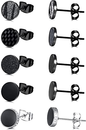 JeweBella 5 Paar Ohrringe Herren Edelstahl Runde Schwarz Matt Knorpel Piercing Ohrstecker Set für Damen Männer Hypoallergen Ohrstecker Herren Schmuck 8/10/12MM