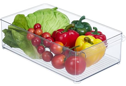 Relaxdays Organizador Nevera, Almacenaje Alimentos Frigorífico, 10x20,5x36,5 cm, Cajón para Cocina con Asa, Transparente