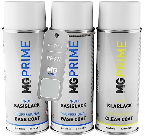 MG PRIME Billack Sprayburk Set för Tesla PPSW White Water Pearl/Pearl White Multi-Coat Baslack Klarlack Sprayburk 400ml