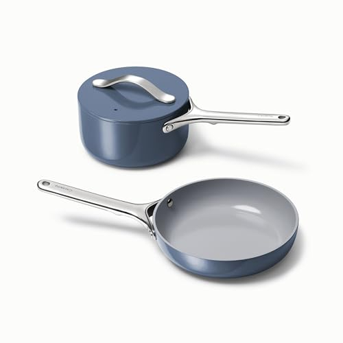 Caraway Mini Cookware Set - Non-Stick Ceramic Fry Pan (1.05 qt, 8) Sauce Pan (1.75 qt) & Storage Rack - Non Toxic, PTFE & PFOA Free - Oven Safe & Stovetop Agnostic (Gas, Electric & Induction) - Navy