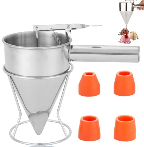 Leikurvo Dosatore di Pastella per Pancake: Dosatore Manuale in Acciaio Inossidabile, Per Cucina Professionale (1.2L, Argento, Inclusi 4 Beccucci in Silicone)