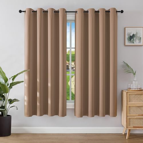 Joydeco Blackout Curtains for Bedroom 46 x 72 Inch, Eyelet Thermal Insulated Energy-saving Drapes for Room Darkening Light Filtering, Long Window Treatments 72 Inch Drop, 2 Panels -Mocha