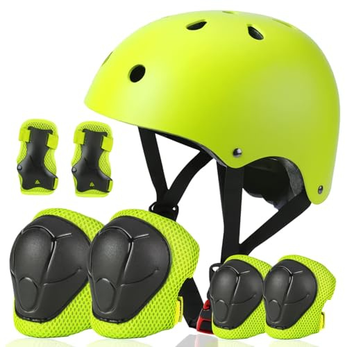 Besttravel, casco per bambini con set di protezioni, casco regolabile per bicicletta per bambini dai 5 anni in su, ragazzi e ragazze, multi-sport, sicurezza (Verde con protezioni)