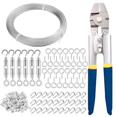 TooTaci Kit de herramientas de crimpado de cuerda de alambre, con cable de acero inoxidable de 65 pies, cuerda de alambre de acero de 1/16 con 7 x 7 hebras, tensor, perno de ojo, manga, dedal, para