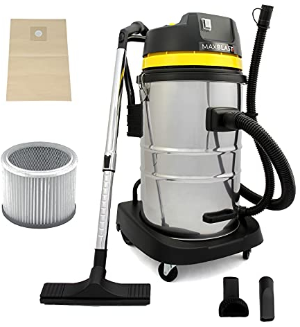 MAXBLAST - Aspiradora Industrial en Seco y Húmedo Industrial Profesional Potente, Capacidad 50 litros,con Cable,Doble Filtro (1 Tela+1 HEPA),Manguera Larga,Aspirador Escoba para Limpieza de Alfombras