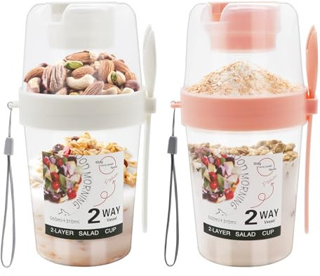 Viceda Overnight Oats Jar, 2Pcs Portable Cereal Cups, Yoghurt Pots, Breakfast Container with Lid and Spoon, Breakfast on the Go Containers, Cereal and Milk Container for School, Office