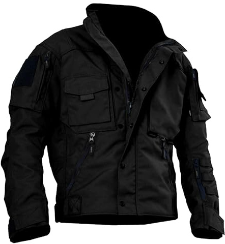 Tiwate Giacche tattiche da uomo cargo da esterno multi-tasche colletto alla coreana giacche militari giacca a vento in cotone leggero, Nero , XL