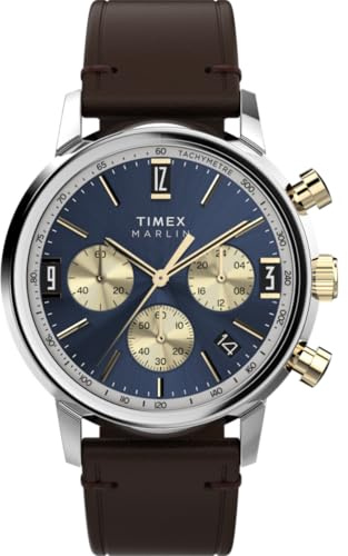 Timex Men's Marlin Chronograph Tachymeter 40 mm Watch - Brown Vegan Leather Strap with Blue Dial and Stainless Steel Case TW2W60400