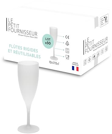 LPF LE PETIT FOURNISSEUR - Lot de 50 Flûtes à champagne réutilisables 12cl (15cl max) - Polypropylène plastique alimentaire - Verre à champagne durable - Compatible lave-vaisselle - Couleur givrée