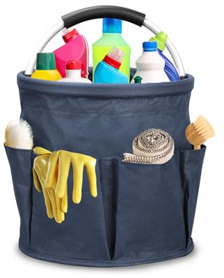 Yallmie 17L Cesto Porta Prodotti Pulizia, 28x28cm Carrello Pulizie con Manico e 6 Tasche, Cestino Pulizie Pieghevole in Tessuto Oxford Impermeabile Contenitore Organizer per La Pulizia (Blu Navy)