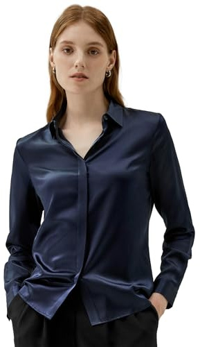 LilySilk Blusa de seda para mujer, elegante, para verano, con botones ocultos de 22 mommes, embalaje de negocios, azul oscuro, M